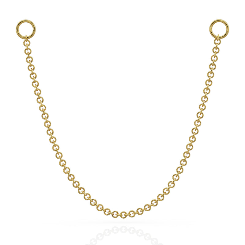 14k yellow gold link chain piercing connector with two ring ends, front view on white