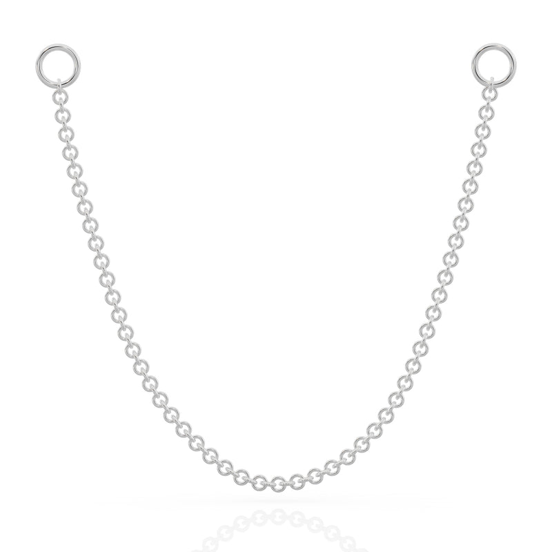 14k white gold link chain piercing connector with two ring ends, front view on white