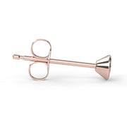 Side profile of 14K rose gold bezel stud earring showing slender post, butterfly back, and cone setting