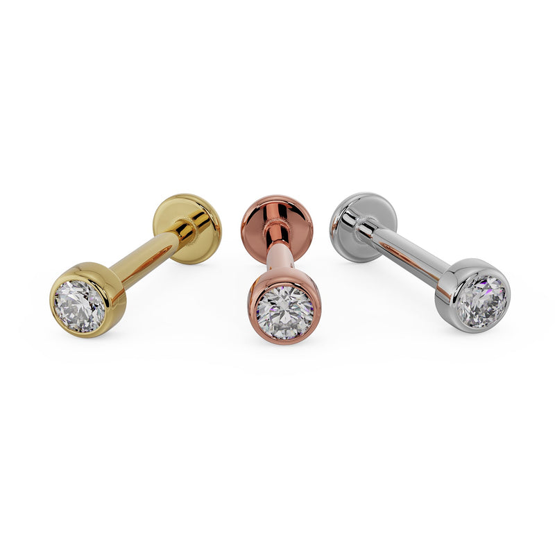 2mm diamond bezel flat back labret in all three metal options: yellow gold, rose gold, white gold