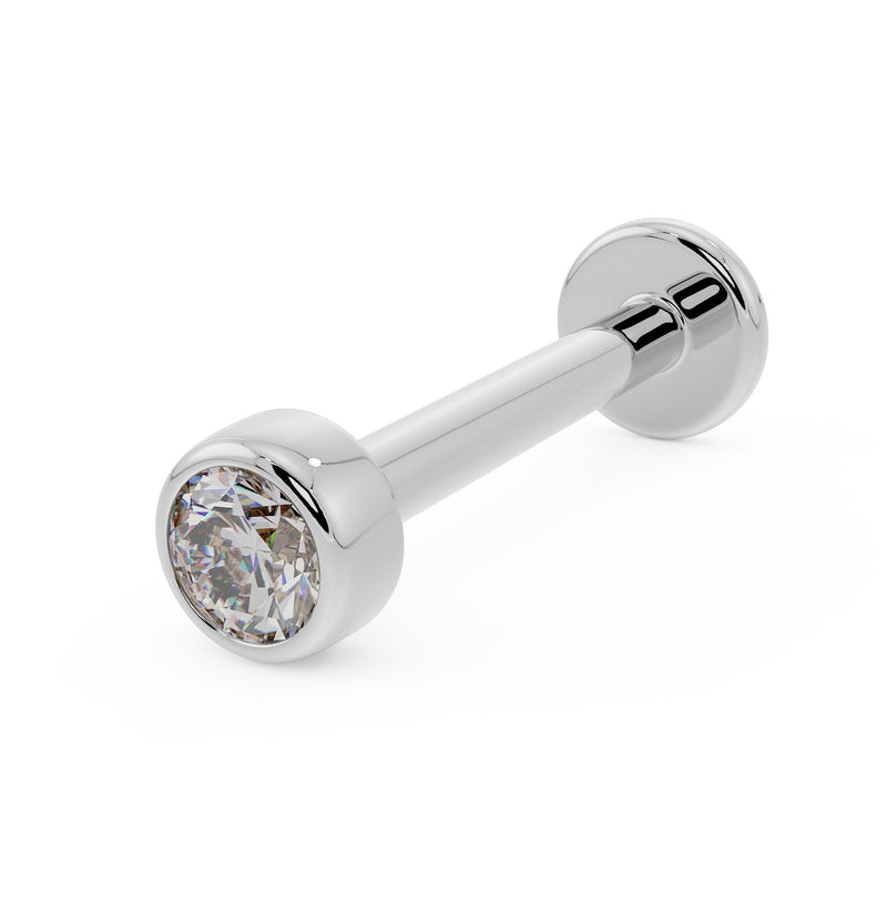 14k white gold 2mm diamond bezel flat back labret, angled view showing sparkle and flat disc