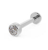 14k white gold diamond bezel-set threadless flat back stud, angled view showing post and disc backing