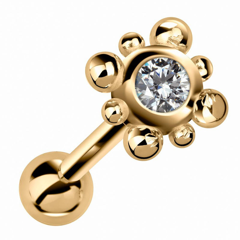 14k yellow gold beaded bezel cartilage stud with clear cubic zirconia, angled product view