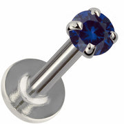 3mm blue sapphire prong-set flat back labret in 14K white gold showing post and flat disc backing