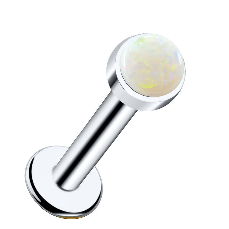14k white gold flat back labret stud with 2mm white opal cabochon in bezel setting, front view