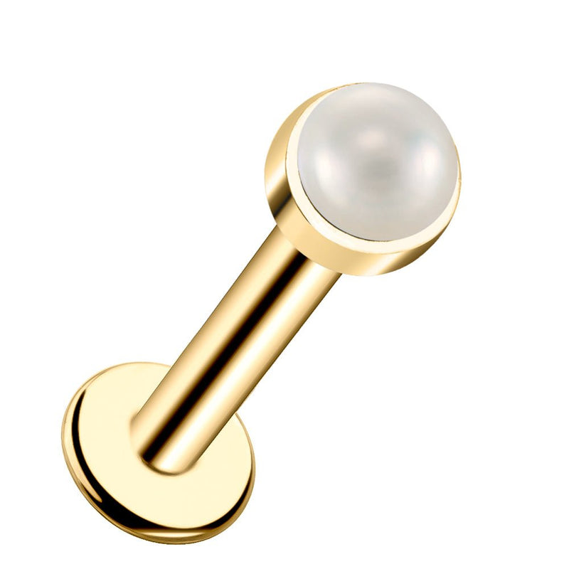 14k yellow gold flat back labret with 2mm genuine pearl cabochon in bezel setting, angled view