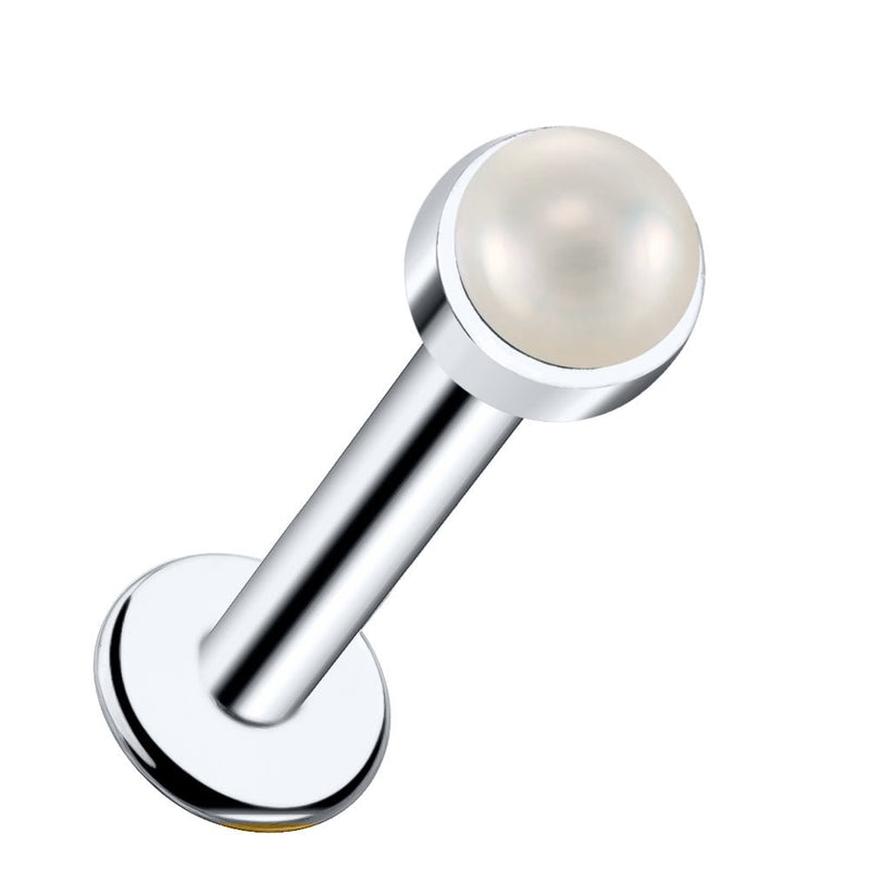14k white gold flat back labret with 2mm pearl cabochon in bezel setting, angled product view