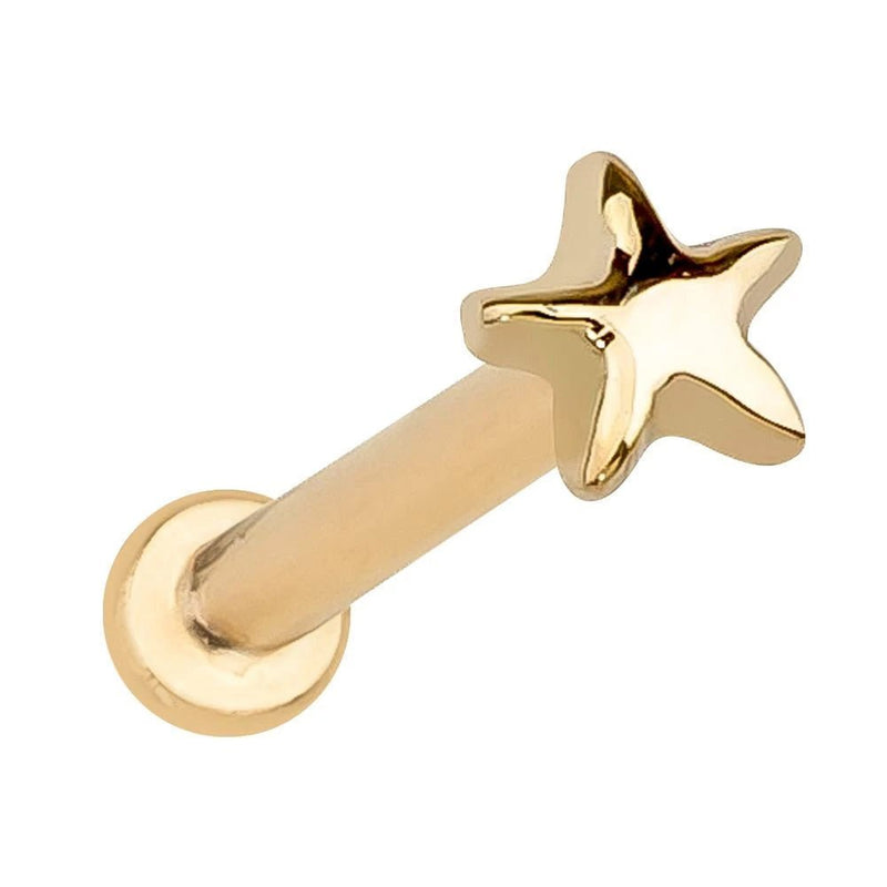 14k yellow gold star flat back labret stud, angled front view on white background showing flat disc back