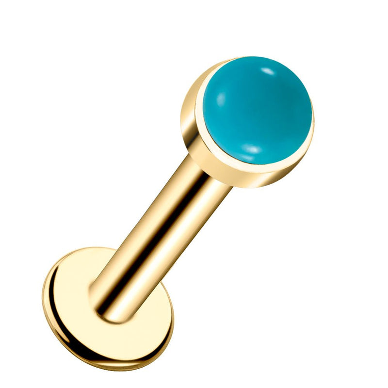14k yellow gold flat back labret with 2mm turquoise cabochon in bezel setting, angled view
