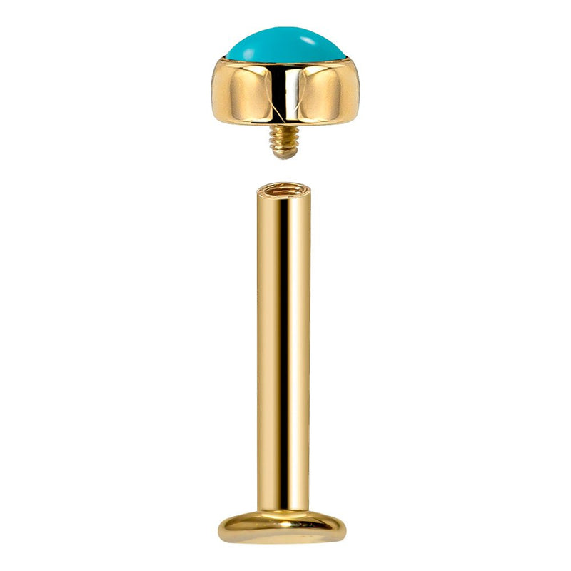 14k yellow gold flat back labret disassembled showing internally threaded turquoise cabochon end and post