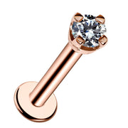 14k rose gold flat back labret stud with 2mm CZ in raised 4-prong basket setting, front angle view