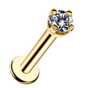 14k yellow gold flat back labret stud with 2mm CZ in raised 4-prong basket setting, front angle view