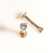 14k gold 2.5mm diamond flat back labret stud shown disassembled, top and post separated