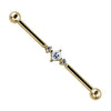 14K yellow gold industrial barbell with princess cut CZ center and two prong-set CZ side stones, front view