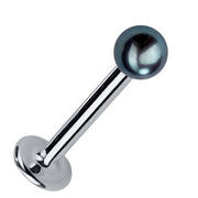 3mm cultured peacock pearl labret stud in 14k white gold, showing iridescent pearl and flat back