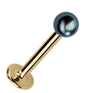 3mm peacock pearl labret stud with 14k yellow gold flat back post, angled view
