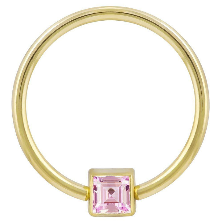 Pink Cubic Zirconia Princess Cut 14k Gold Captive Bead Ring-14K Yellow Gold   12G (2.0mm)   3 4" (19mm)