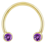14k yellow gold circular barbell with purple CZ bezels, wider open-end view showing horseshoe shape