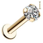 14k yellow gold 3mm CZ flat back labret stud with martini prong setting, front angled view