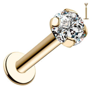 14k yellow gold 3mm CZ flat back labret stud with martini prong setting, front angled view