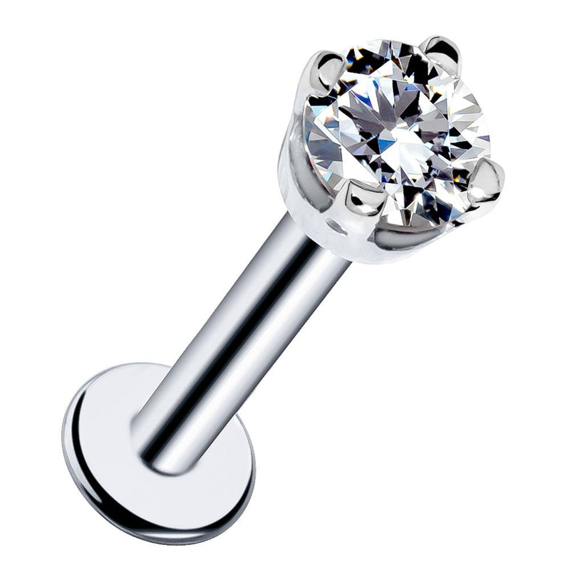 14k white gold flat back labret stud with 3mm CZ in high-set prong basket setting, angled front view