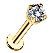 14k yellow gold flat back labret stud with 3mm CZ in high-set prong basket setting, angled front view