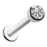 14k white gold 3mm CZ bezel-set flat back labret, front view showing CZ and flat disc backing