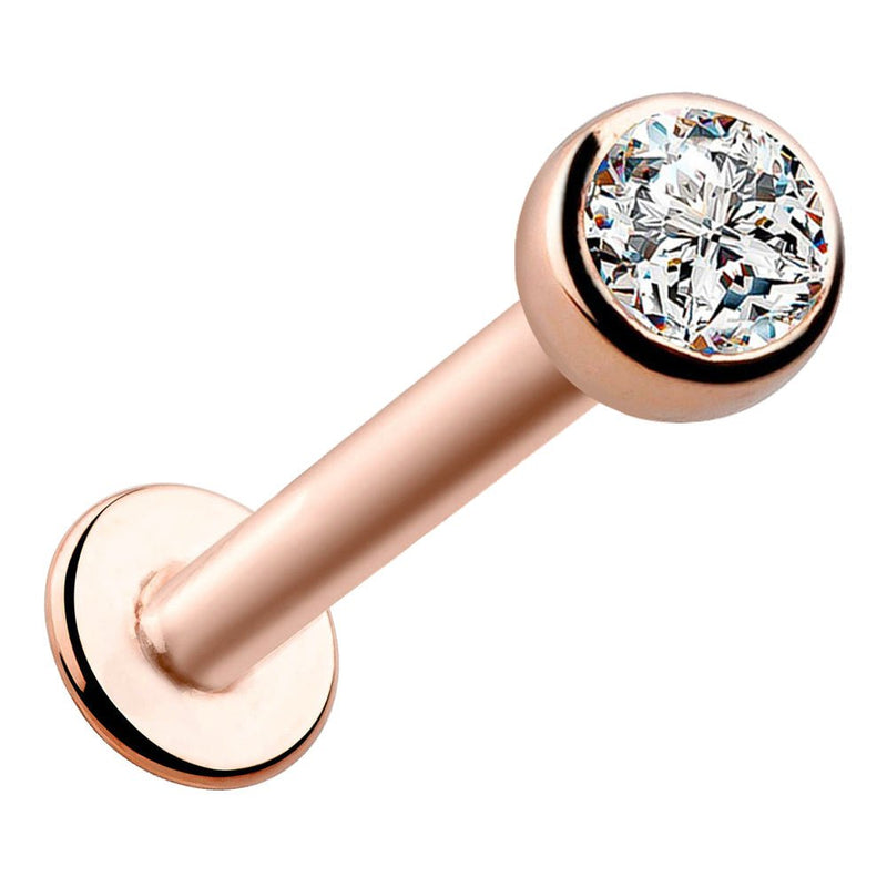 14k rose gold flat back labret with 3mm CZ bezel setting, angled front view showing warm tone finish