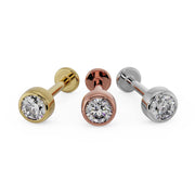 3mm diamond bezel flat back labret stud in yellow gold, rose gold, and white gold side by side