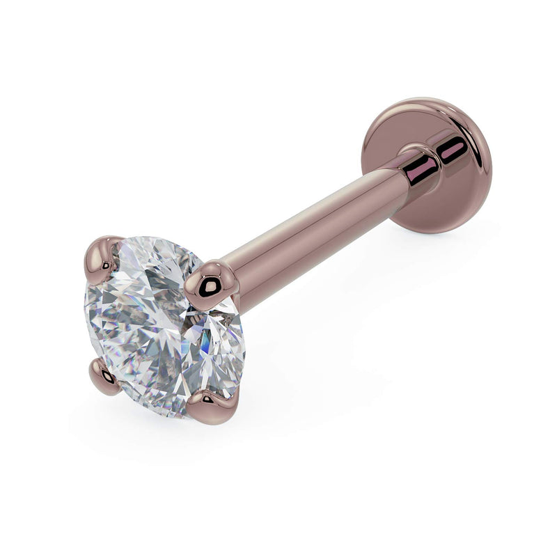 14k rose gold 3mm diamond flat back labret stud with four-prong setting, angled product view