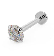 14k white gold 3mm diamond flat back labret stud with four-prong setting, angled product view