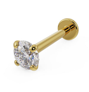 14k yellow gold 3mm diamond flat back labret stud with low-set martini prong, angled product view