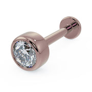 14k rose gold 3mm diamond bezel-set flat back labret stud, angled front view on white background