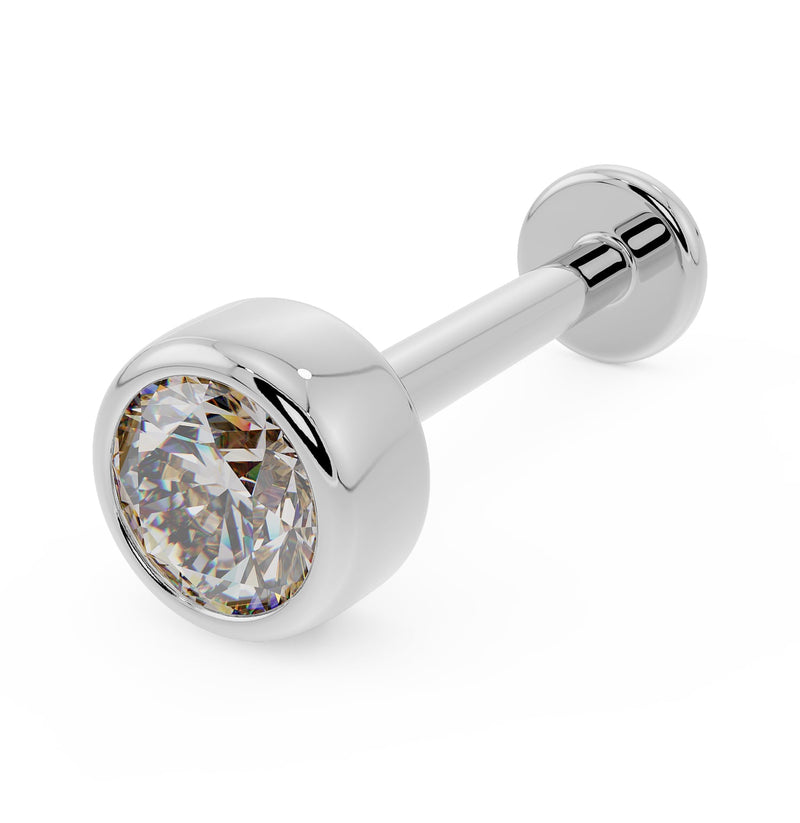 14k white gold 3mm diamond bezel flat back labret stud, angled front view on white background