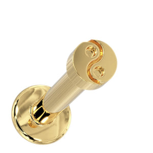 14k yellow gold yin yang flat back stud, angled view showing engraved disc top and flat backing