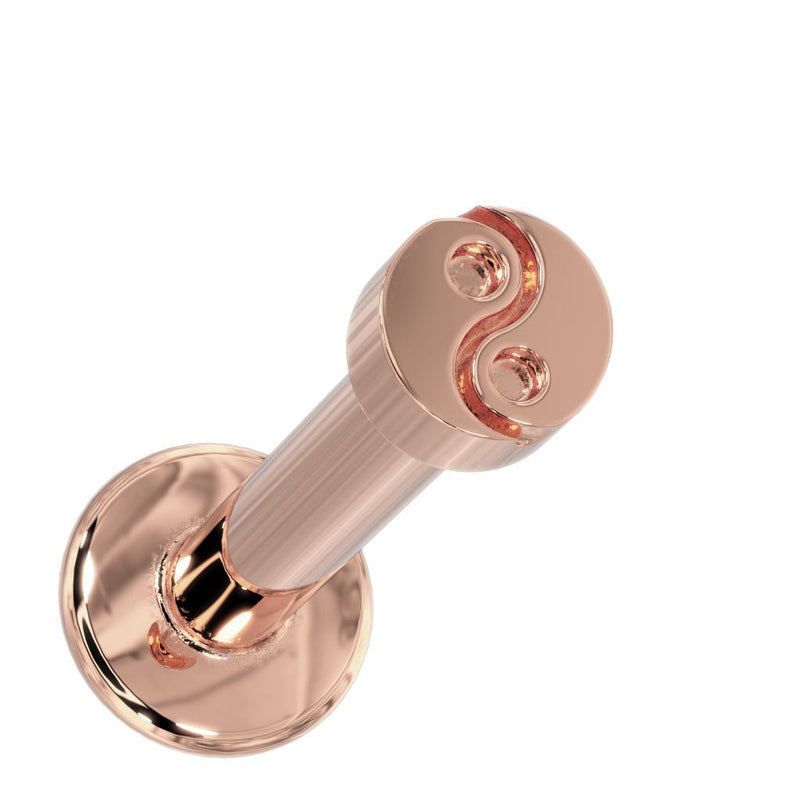 14k rose gold yin yang flat back stud, angled view showing warm-toned engraved disc and flat backing