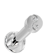 14k white gold yin yang flat back labret stud, angled view showing polished disc top and flat back post