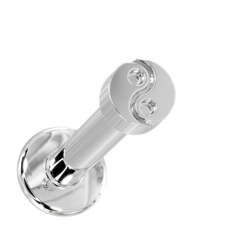 14k white gold yin yang flat back labret stud, angled view showing polished disc top and flat back post