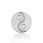 Close-up front view of 14k white gold yin yang flat back stud disc showing engraved symbol detail
