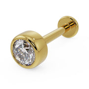 14k yellow gold 3mm diamond bezel flat back labret stud, angled front view on white background