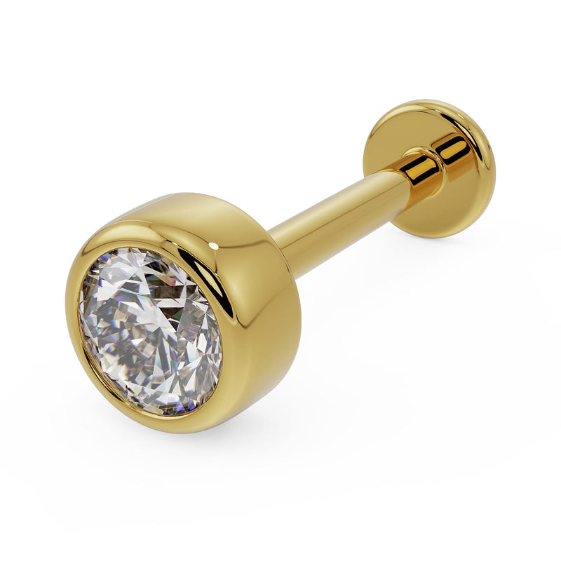 14k yellow gold 3mm diamond bezel flat back labret stud, angled front view on white background
