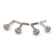 3mm diamond bezel nose stud L-post style in rose gold, yellow gold, white gold, and platinum, group view