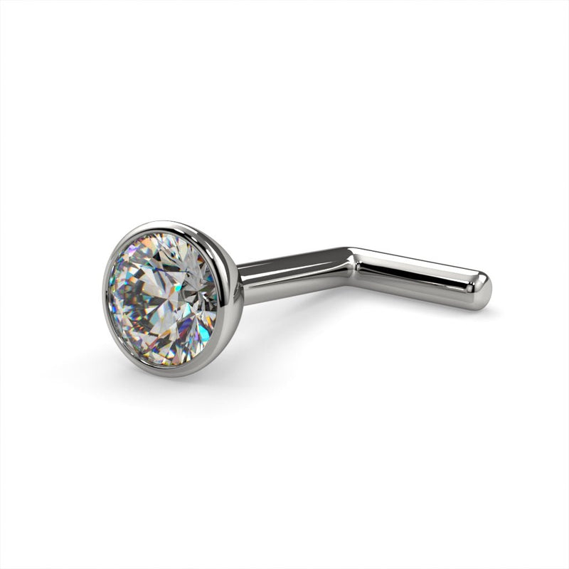 Platinum 3mm diamond bezel nose stud L-post style, angled front view showing L-shaped post bend