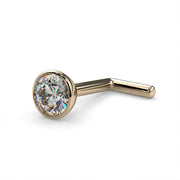 14k yellow gold 3mm diamond bezel nose stud L-post style, angled view showing gold tone and post shape