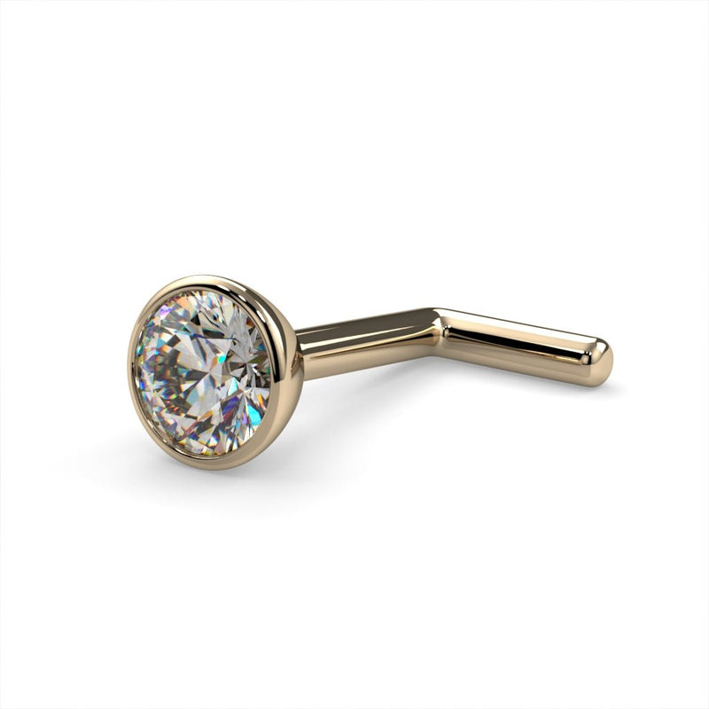 14k yellow gold 3mm diamond bezel nose stud L-post style, angled view showing gold tone and post shape