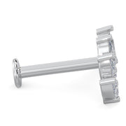 Side profile of white sapphire crescent cartilage labret showing flat back post length and disc