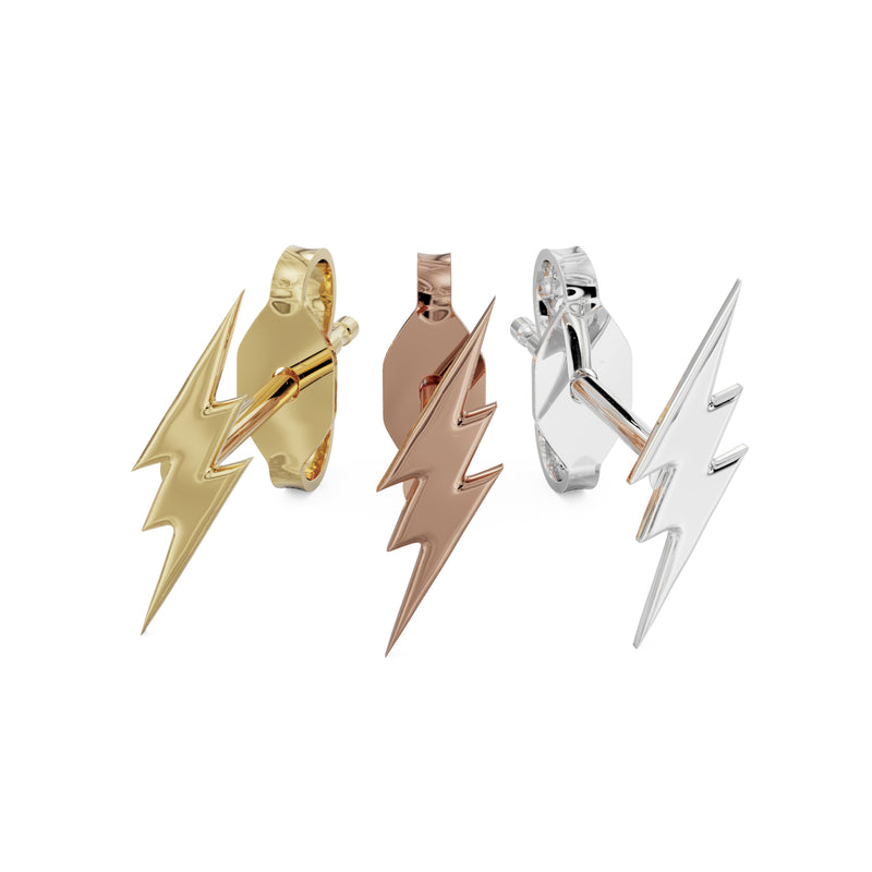 Lightning bolt 14k gold stud earrings in yellow gold, rose gold, and white gold side by side