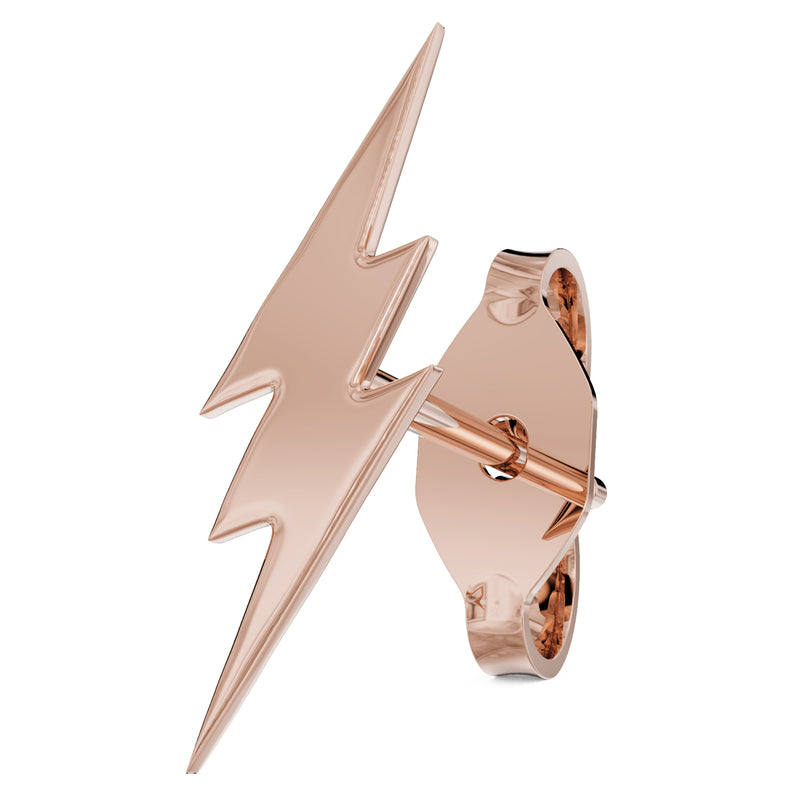 14k rose gold lightning bolt stud earring with butterfly backing, angled front view