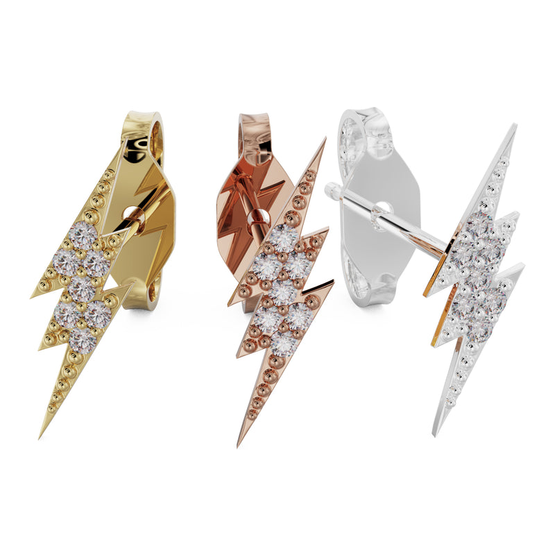 Diamond pavé lightning bolt stud in all three 14k gold options: yellow, rose, and white gold