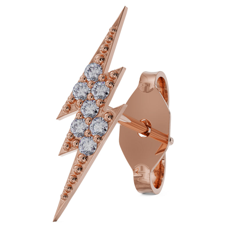 14k rose gold diamond pavé lightning bolt stud earring showing front detail and push-back post